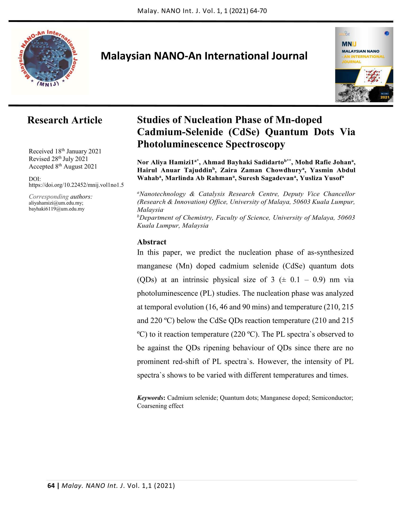 Studies of Nucleation Phase of Mn-doped  Cadmium-Selenide (CdSe) Quantum Dots Via Photoluminescence Spectroscopy