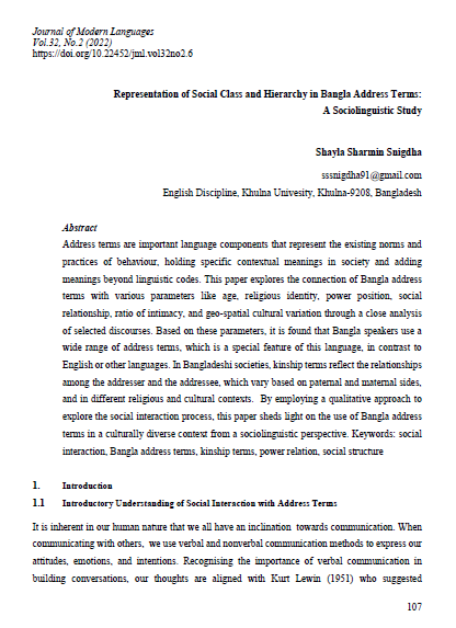 Representation of social class and hierarchy in Bangla address terms