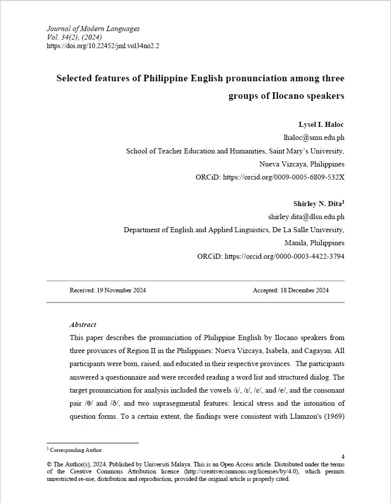 Selected features of Philippine English pronunciation among three groups of Ilocano speakers